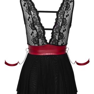 Cottelli BONDAGE - Spitzen-Babydoll mit Powernet, Gürtel & Halsband Schwarz/Rot S