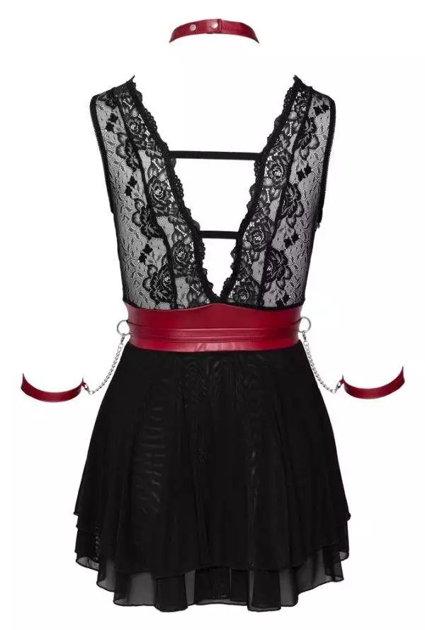 Cottelli BONDAGE - Spitzen-Babydoll mit Powernet, Gürtel & Halsband Schwarz/Rot S – Hollow Rückseite