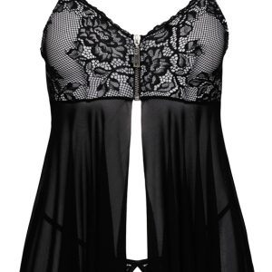 Cottelli LINGERIE Set - Babydoll und String Ouvert, Größe M, Schwarz-Weiß