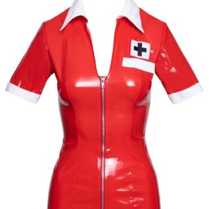 Black Level Lack Krankenschwester - Glänzendes rotes Kleid mit Haube und Reißverschluss Rot/Weiß S