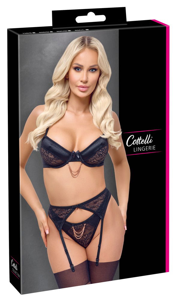 Cottelli LINGERIE Schwarzes Trio mit Schmuckdetails - BH, Strapsgürtel und Riostring