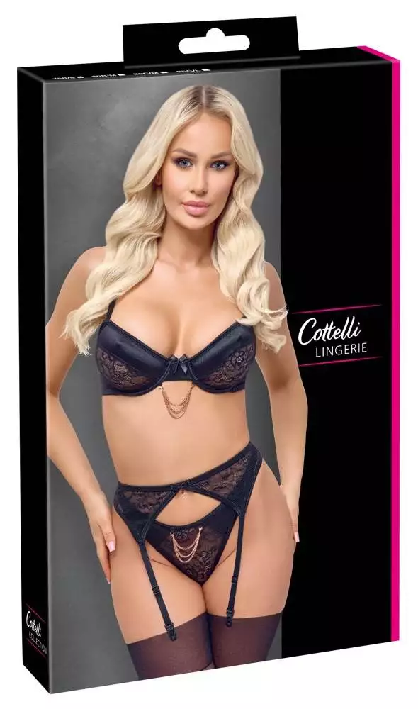 Cottelli LINGERIE Schwarzes Spitzen-Set mit Schmuckdetails in Roségold – Verpackung