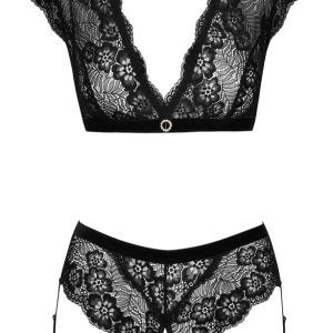 Cottelli LINGERIE - Schwarzes Spitzen-Set mit offenem Slip und Strassring