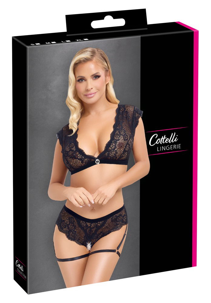 Cottelli LINGERIE - Schwarzes Spitzen-Set mit offenem Slip und Strassring