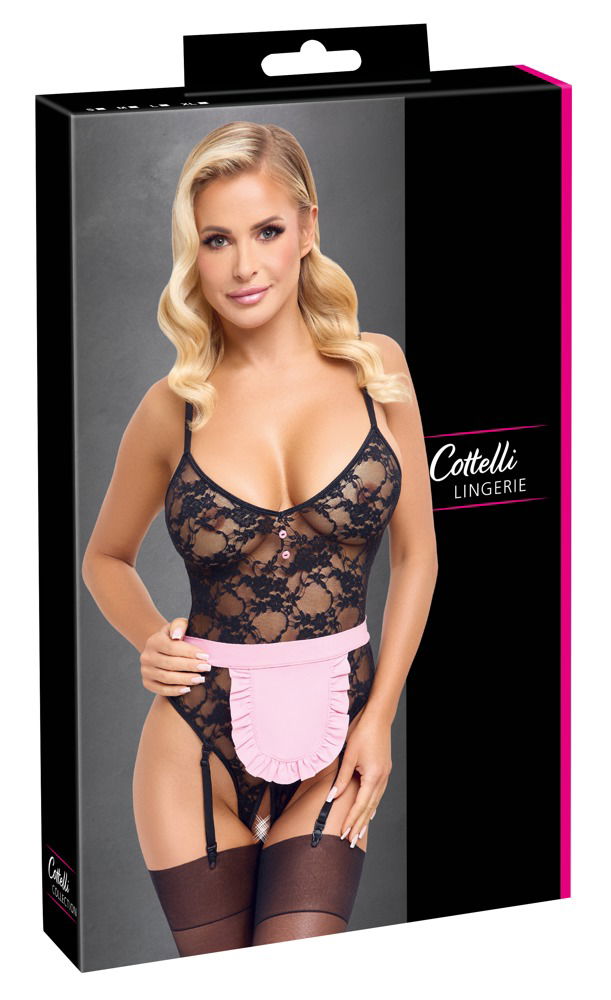 Cottelli COSTUMES Straps-Riobody ouvert mit Schürze as Dienstmädchen-Kostüm in Schwarz/Rosa