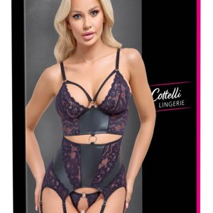 Cottelli LINGERIE Strapshemd und String ouvert Set - Schwarzes Mattlook mit lila Spitzen-Einsätzen