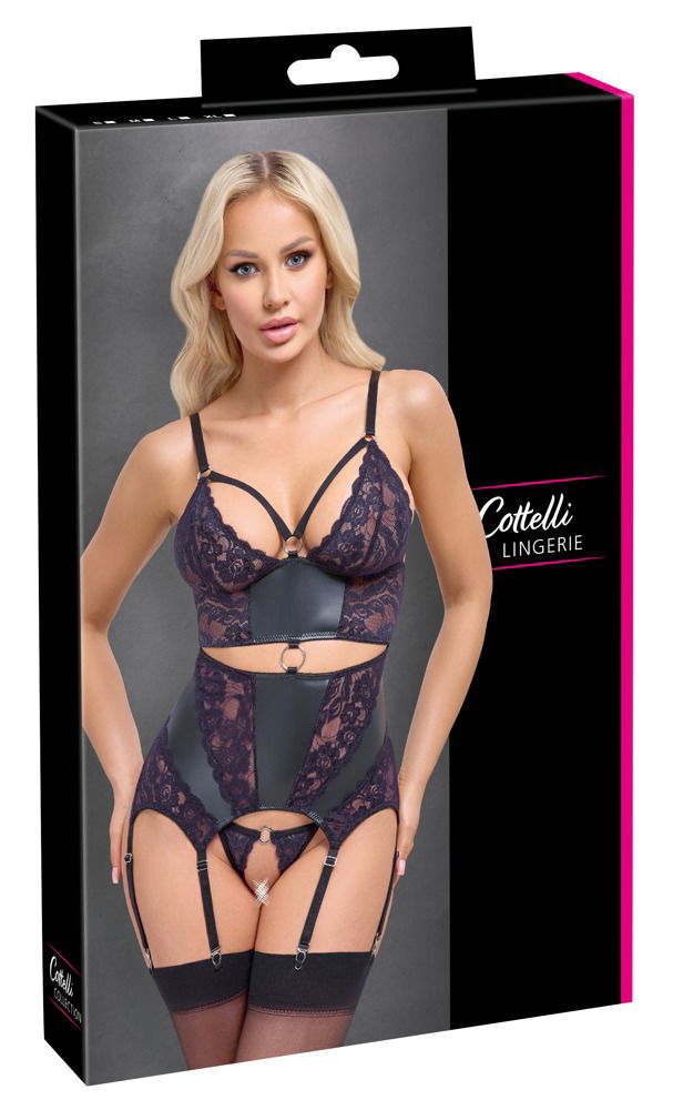 Cottelli LINGERIE Strapshemd und String ouvert Set in Schwarz und Dunkelviolett, Größe S-L