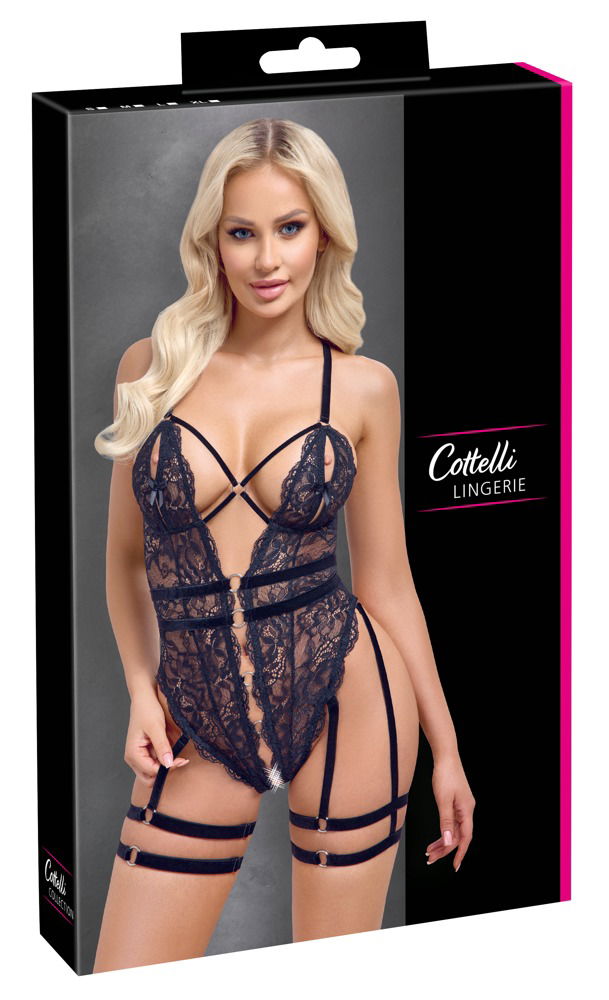 Cottelli Lingerie Schwarzer Stringbody Ouvert mit Strapsen, Schenkel-Harnessen & Spitze