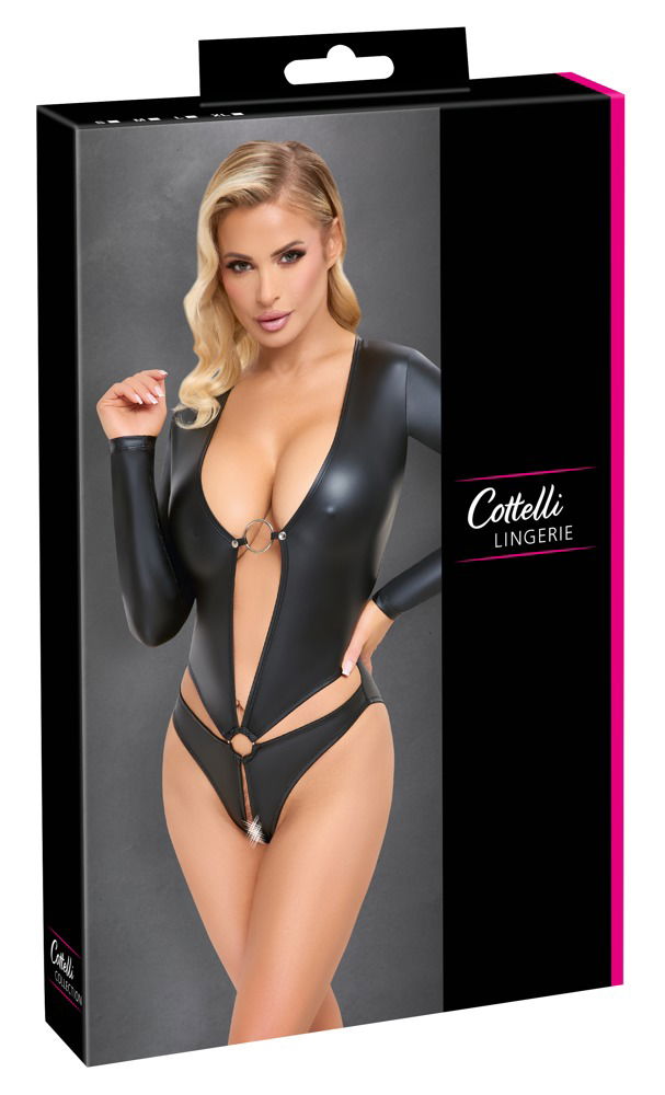 Cottelli LINGERIE Schwarzer Langarm-Body ouvert, Mattlook