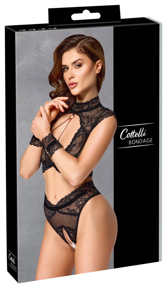 Cottelli BONDAGE-Set "Diva" in Schwarz, Größe S, mit Handfesseln und Cut-out BH