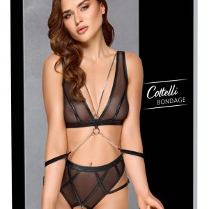 Cottelli BONDAGE Set - Schwarz, BH, Slip ouvert, Handfesseln