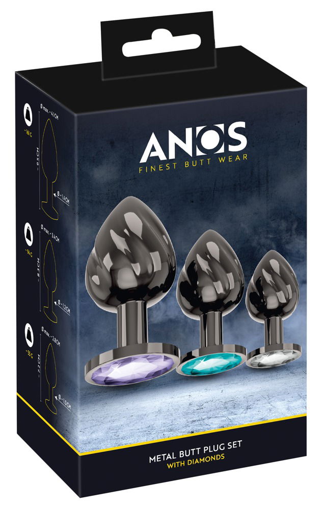 ANOS Metal Butt Plug Set mit Diamanten - Plug Trio in verschiedenen Größen und Farben