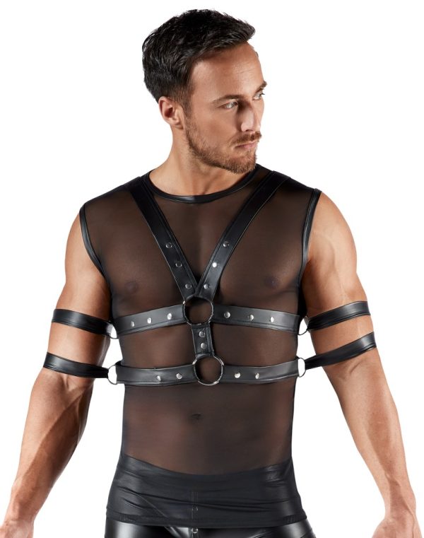 Svenjoyment BONDAGE Set - Maskulines Shirt mit Brust-Harness und Fesseln, Schwarz, Größe M