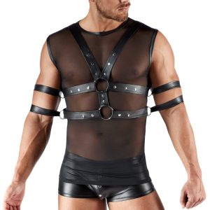 Svenjoyment BONDAGE Set - Maskulines Shirt mit Brust-Harness und Fesseln, Schwarz, Größe M