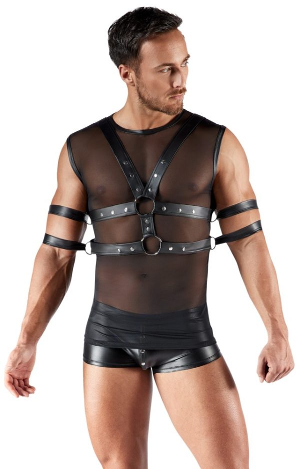 Svenjoyment BONDAGE Set: Shirt mit Brust-Harness und 4 Fesseln (Größe: Einheitsgröße, Farbe: Schwarz)