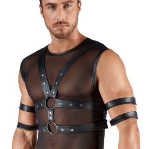 Svenjoyment BONDAGE Set - Maskulines Shirt mit Brust-Harness und Fesseln, Schwarz, Größe M