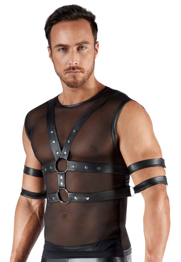 Svenjoyment BONDAGE Set - Maskulines Shirt mit Brust-Harness und Fesseln, Schwarz, Größe M