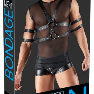 Svenjoyment BONDAGE Set - Maskulines Shirt mit Brust-Harness und Fesseln, Schwarz, Größe M