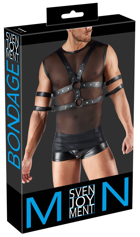 Svenjoyment BONDAGE Set: Shirt mit Brust-Harness und 4 Fesseln (Größe: Einheitsgröße, Farbe: Schwarz)