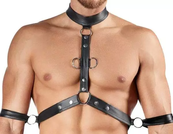 Svenjoyment BONDAGE Set: Harness-Pants, Brust-Harness, 4 Hand-/Armfesseln, Schwarz, Größe L – Det