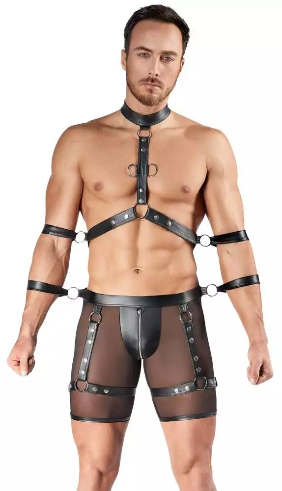Svenjoyment BONDAGE Set: Harness-Pants, Brust-Harness, 4 Hand-/Armfesseln, Schwarz, Größe L – A