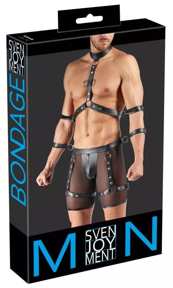 Svenjoyment BONDAGE Set: Harness-Pants, Brust-Harness, 4 Hand-/Armfesseln, Schwarz, Größe L – Verpackung