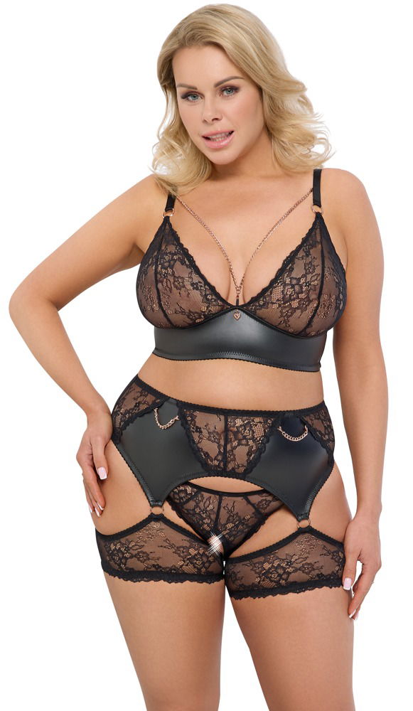 Cottelli CURVES Schwarzes Straps-Set mit BH, Slip ouvert und Strapsgürtel