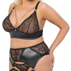 Cottelli CURVES Schwarzes Straps-Set mit BH, Slip ouvert und Strapsgürtel