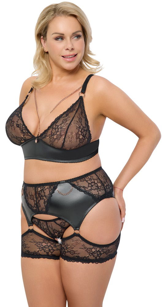 Cottelli CURVES Schwarzes Straps-Set mit BH, Slip ouvert und Strapsgürtel