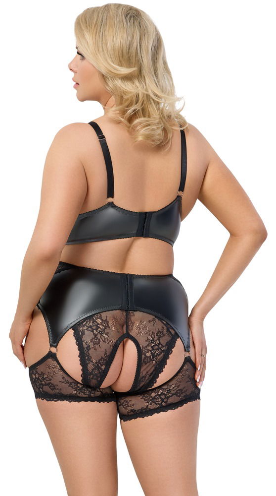 Cottelli CURVES Schwarzes Straps-Set mit BH, Slip ouvert und Strapsgürtel