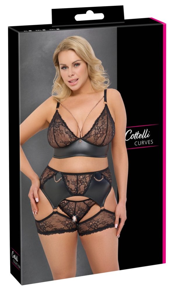 Cottelli CURVES Schwarzes Straps-Set mit BH, Slip ouvert und Strapsgürtel