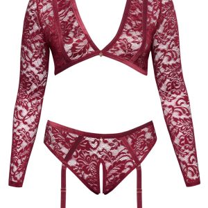 Cottelli CURVES Spitzen-Set in Dunkelrot mit Samtbändern und Straps-Slip ouvert