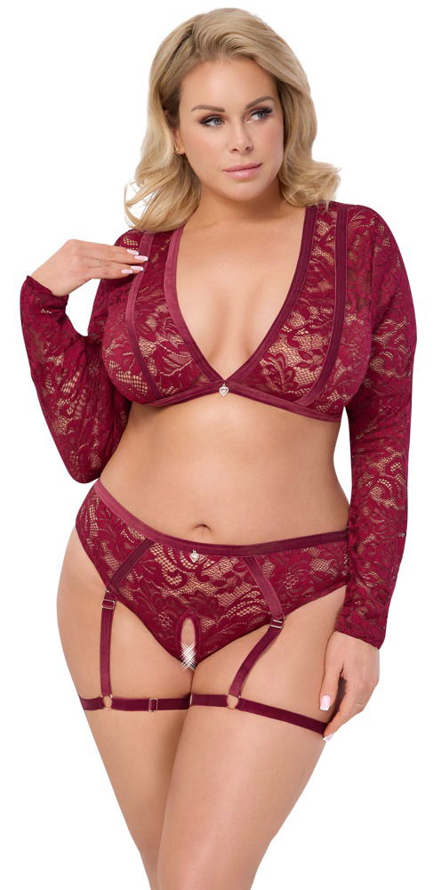 Cottelli CURVES Spitzen-Set in Dunkelrot mit Samtbändern und Straps-Slip ouvert