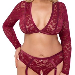 Cottelli CURVES Spitzen-Set in Dunkelrot mit Samtbändern und Straps-Slip ouvert