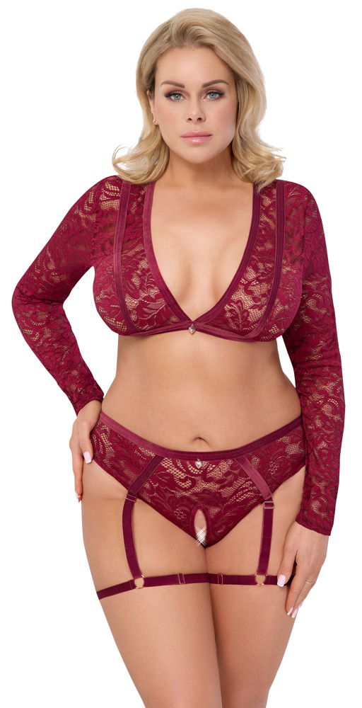 Cottelli CURVES Spitzen-Set in Dunkelrot mit Samtbändern und Straps-Slip ouvert