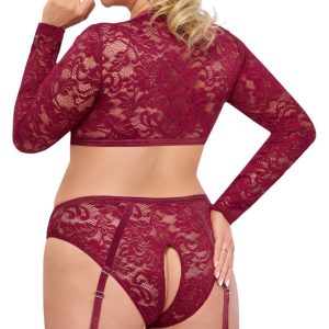 Cottelli CURVES Spitzen-Set in Dunkelrot mit Samtbändern und Straps-Slip ouvert