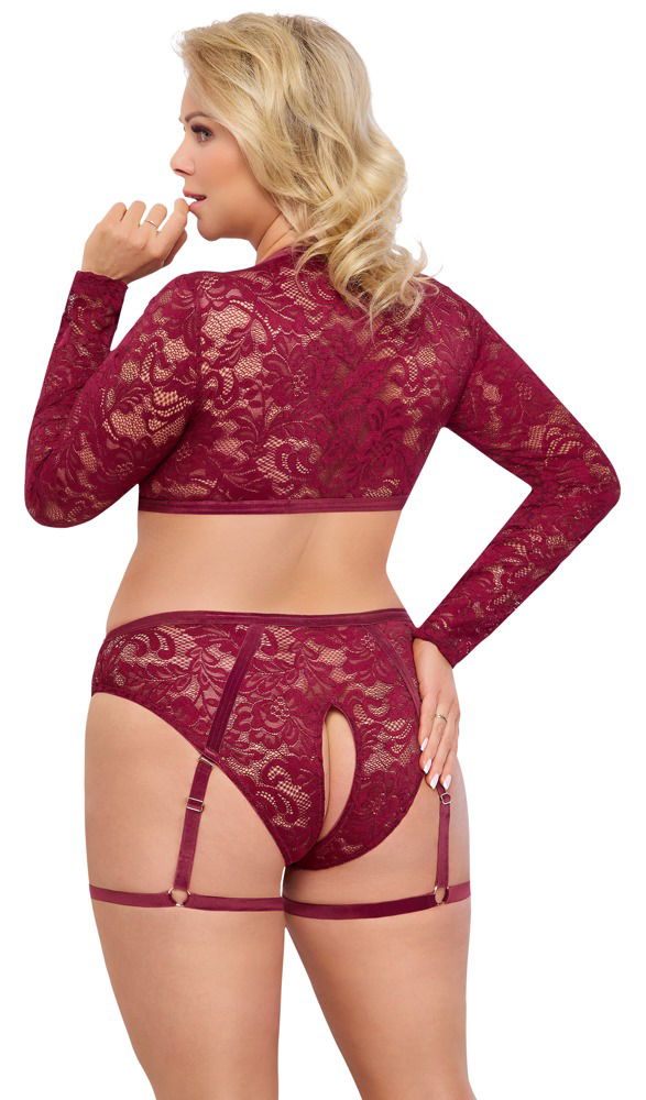 Cottelli CURVES Spitzen-Set in Dunkelrot mit Samtbändern und Straps-Slip ouvert