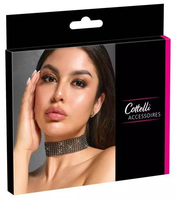 Cottelli ACCESSOIRES Schillerndes Strass-Halsband, Schwarz, 36 cm – Verpackung