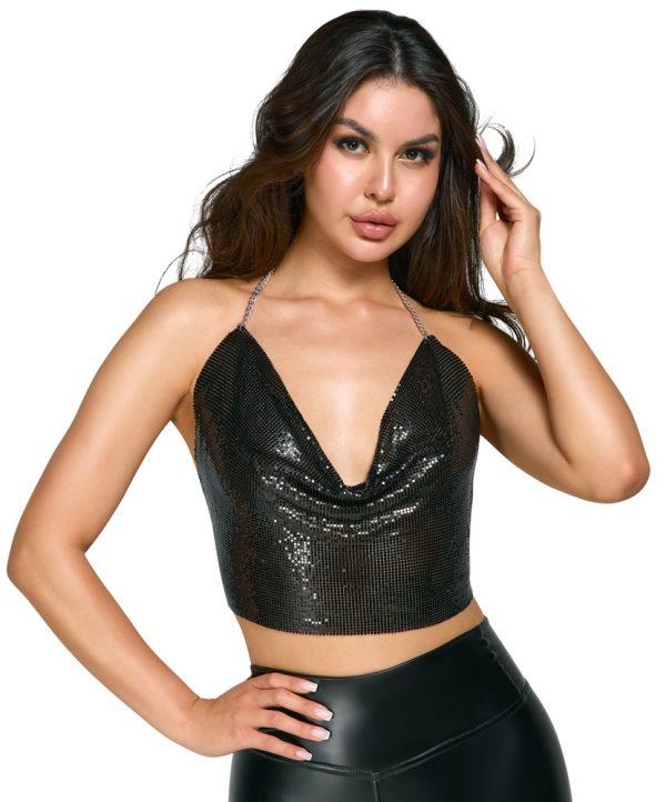 Cottelli ACCESSOIRES Schillerndes Rückenfreies Crop-Top, Schwarz-Silber, Wasserfall-Ausschnitt