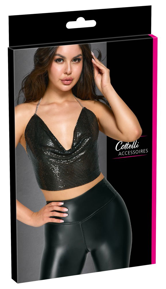 Cottelli ACCESSOIRES Schillerndes Rückenfreies Crop-Top, Schwarz-Silber, Wasserfall-Ausschnitt