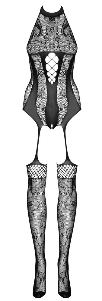 Obsessive Schwarzer Catsuit ouvert F240 - Straps-Look, Netz- und Tüll-Transparenzen