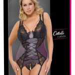 Cottelli CURVES Strapshemd und String Ouvert Set in Lila-Schwarz-Roségold