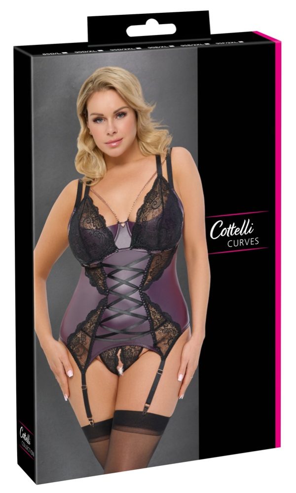 Cottelli CURVES Strapshemd-Set, Mattlook, Lila/Schwarz/Roségold, ouvert, Bügel-Cups, Spitze, Satinband-Zierschnürung