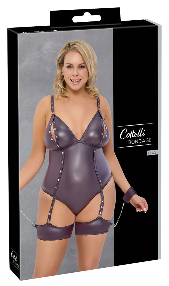 Cottelli BONDAGE Stringbody Dunkellila, Größe S/M, Mattlook mit abnehmbaren Fesseln