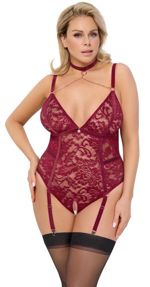 Cottelli CURVES - Dunkelroter Spitze Straps-Body ouvert mit Samt und Ketten