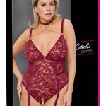 Cottelli CURVES - Dunkelroter Spitze Straps-Body ouvert mit Samt und Ketten