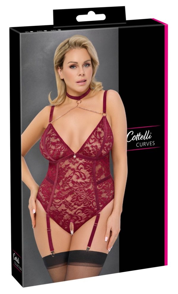 Cottelli CURVES - Dunkelroter Spitze Straps-Body ouvert mit Samt und Ketten