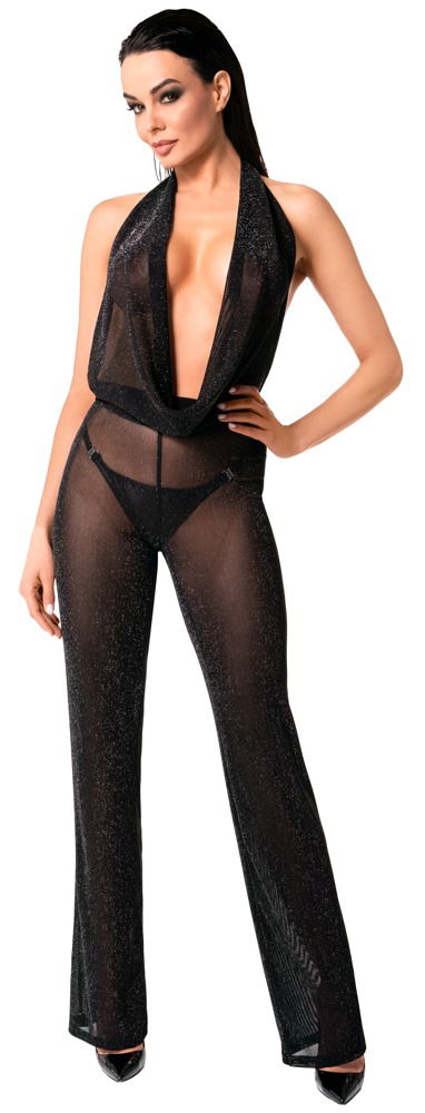 Noir Eleganter Overall aus feinem Powernet in Schwarz