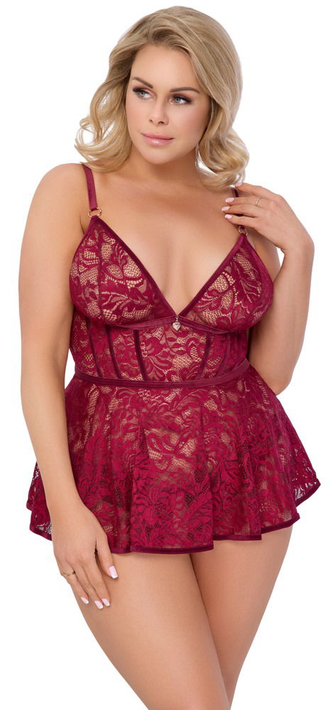 Cottelli CURVES Set Babydoll und Slip ouvert, dunkelrot, Spitze & Samt, Herz-Schmuckanhänger, roségoldfarben