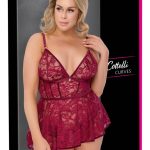 Cottelli CURVES Set Babydoll und Slip ouvert, dunkelrot, Spitze & Samt, Herz-Schmuckanhänger, roségoldfarben